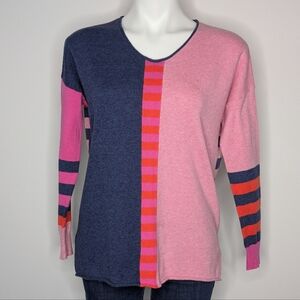 Zaket & Plover Pink Blue Color Block V Neck Long Sleeve Sweater S